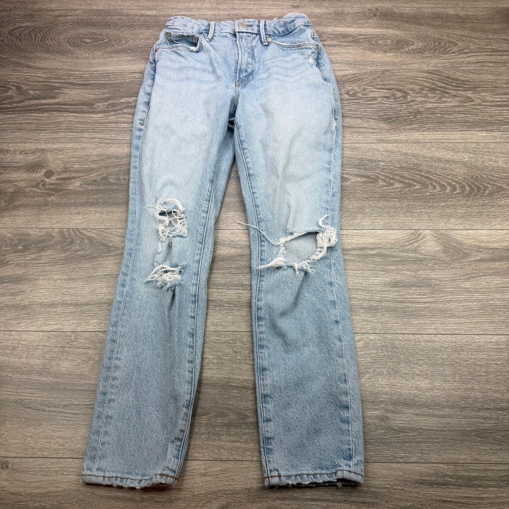 Good American Zara Jeans Womens 24 Blue Light Wash Distressed Ripped Straight